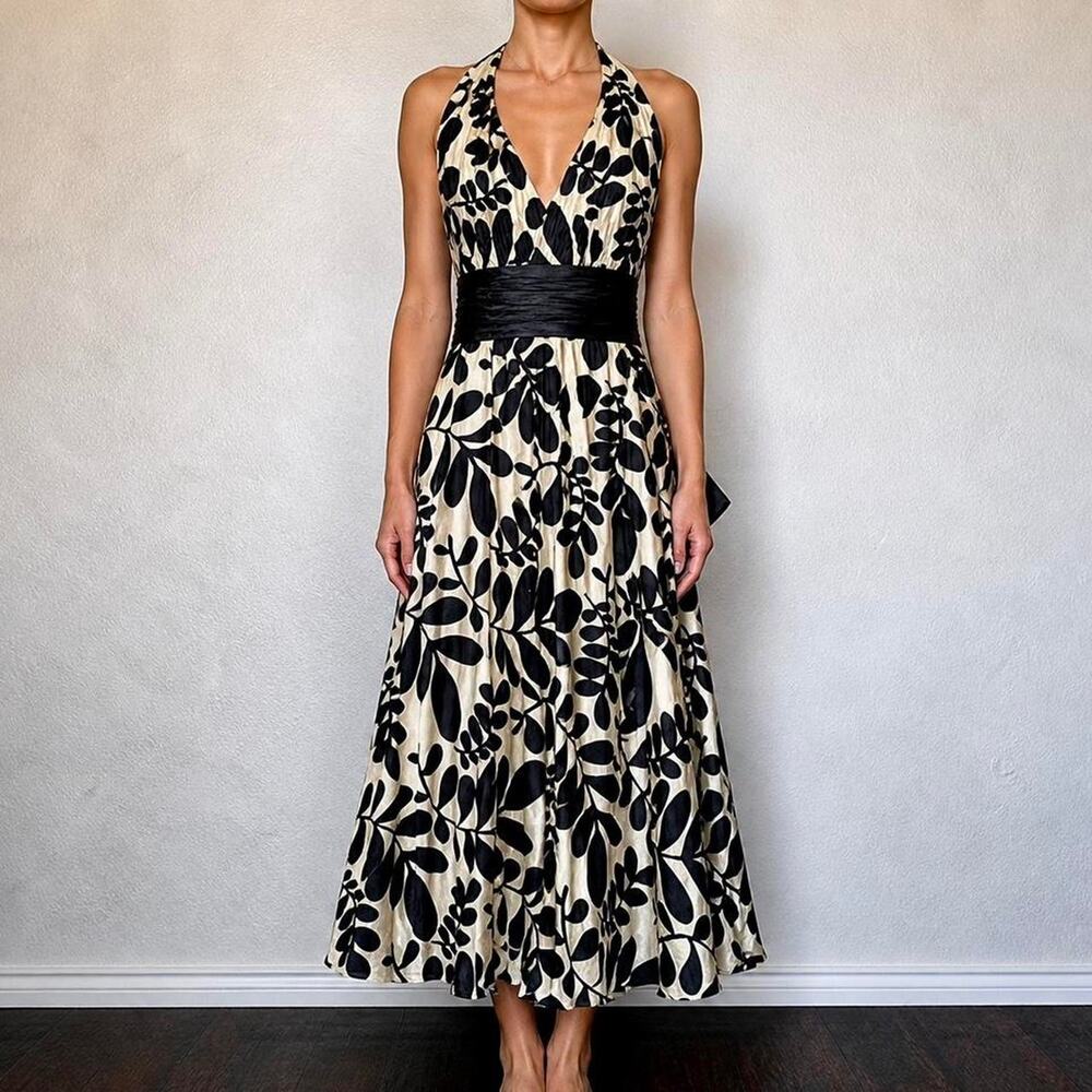 Vintage Italian 100% Silk Black & Cream Halter Luxury Midi Dress Size S